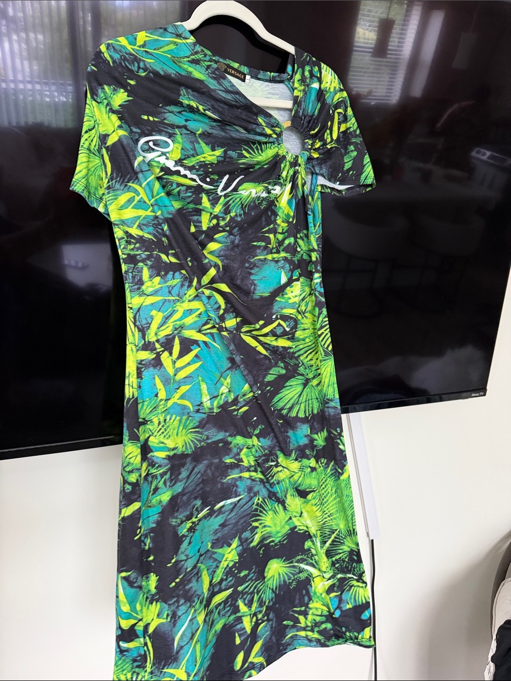 Tropical Print Green & Black Short-Sleeve Women’s Dress
